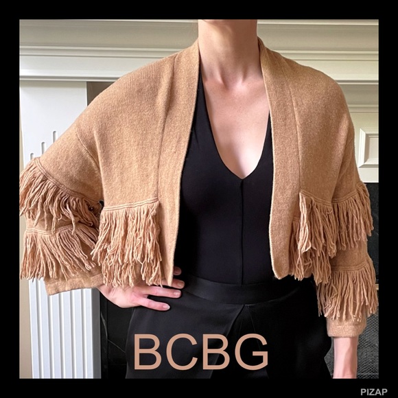 BCBG CAMEL FRINGED SHRUG SWEATER - Picture 1 of 13